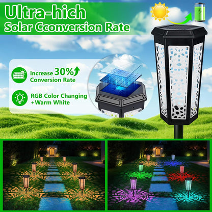 Solar Pathway Landscape Lights 4 Pack, RGB Color Changing+Warm White Outdoor Waterproof Solar Yard Lights for Garden Sideway Outside, Patio, Path, Yard, Walkway, Driveway, 2 Modes