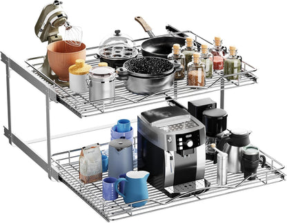 HOLDN’ STORAGE Two Tier Pull Out Cabinet Organizer, Individual Sliding Drawers - Heavy Duty Metal with Lifetime Limited Warranty - Anti Rust Chrome Finish - 30" W x 21”D x 16.5" H