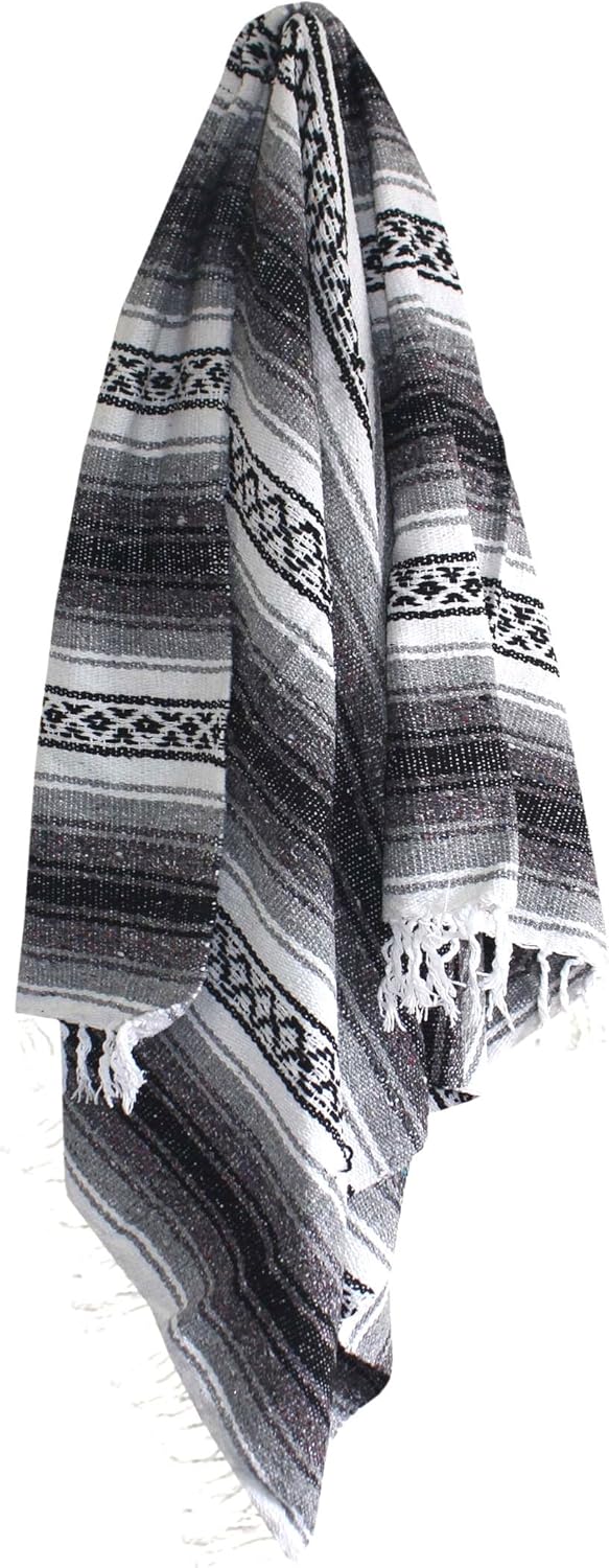 Del Mex Classic Mexican Blanket, Large Authentic Woven Falsa Throw (70"x50"), Artisan Southwest Décor for Beach, Yoga, Outdoors (Gray)