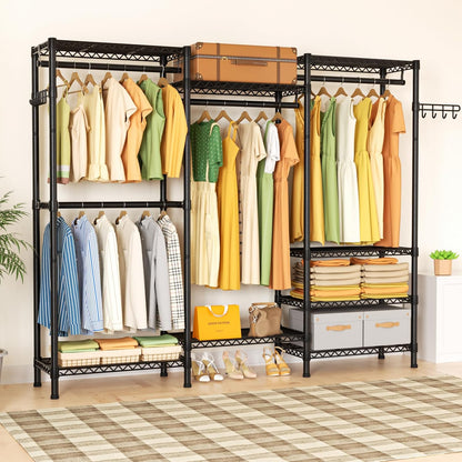 Heavy Duty Garment Rack Large Clothes Rack,Freestanding Closet Portable Clothing Rack with 8 Adjustable Wire Shelves and 4 Hang Rods,Metal Closet Storage Wardrobe Organizer System,Max Load 800lbs