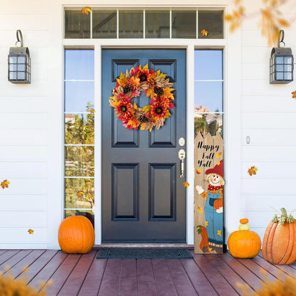 Glitzhome 24''D Fall Wreath with Hanger, Artificial Autumn Wreath for Front Door with Sunflower, Pinecone and Berry, Harvest Wreaths Decor for Indoor Outdoor Holiday Decoration
