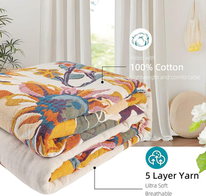 Boho Throw Blanket for Bed - 100% Pure Cotton Ultra Soft Rustic Quilt - Farmhouse Decor Bed Blankets, All Season Rustic Throw for Sofa Couch Chair(60"×80", Floral)