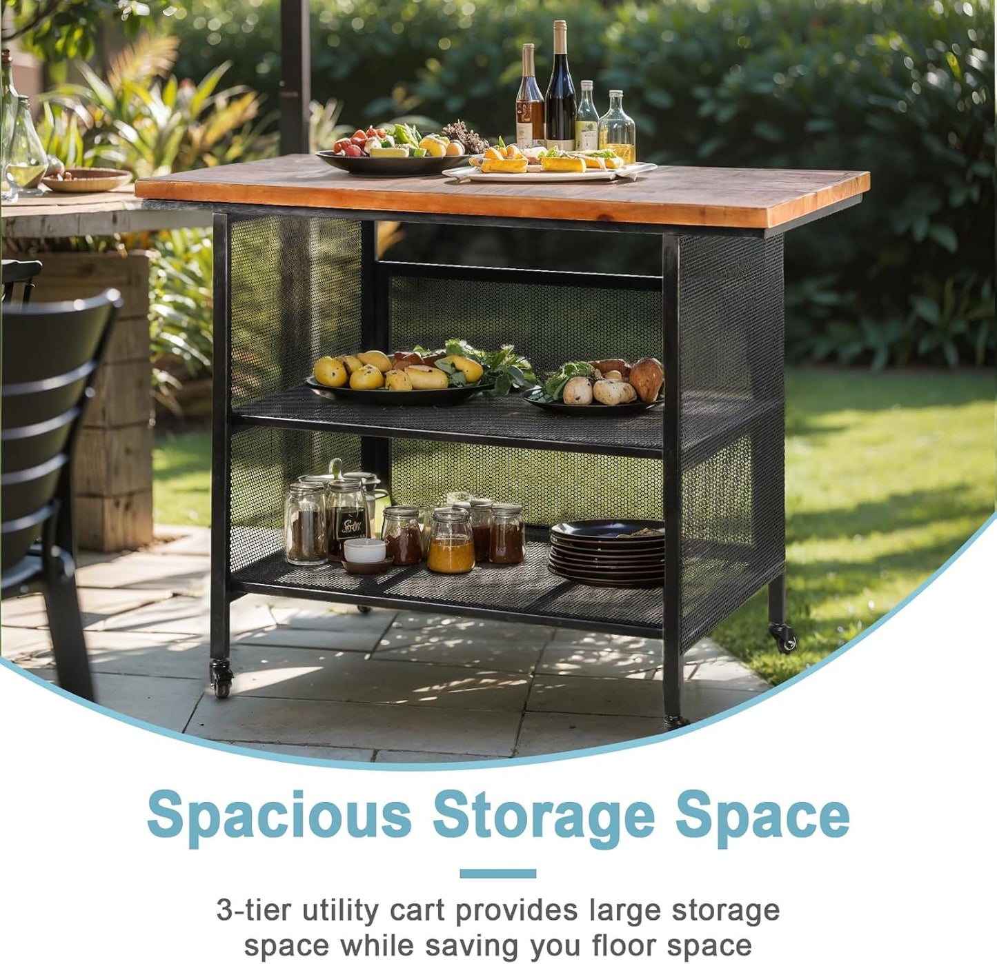 Rustic 3-Tiered Serving Cart with Casters Vintage Rolling Bar Cart for Kitchen Living Room Industrial Mobile Barbecue Cart for Outdoor&Indoor 47.2 * 19.7 * 36.6in L*W*H