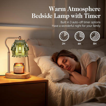 Candle Warmer Lamp with Timer Dimmer, Modern Wax Warmer for Scented Wax Jar Candle Warmer with 2 Bulbs, Adjustable Height Glass Lamp for Gifts for Women, House Warming Gifts, Home Decor, Gold Green