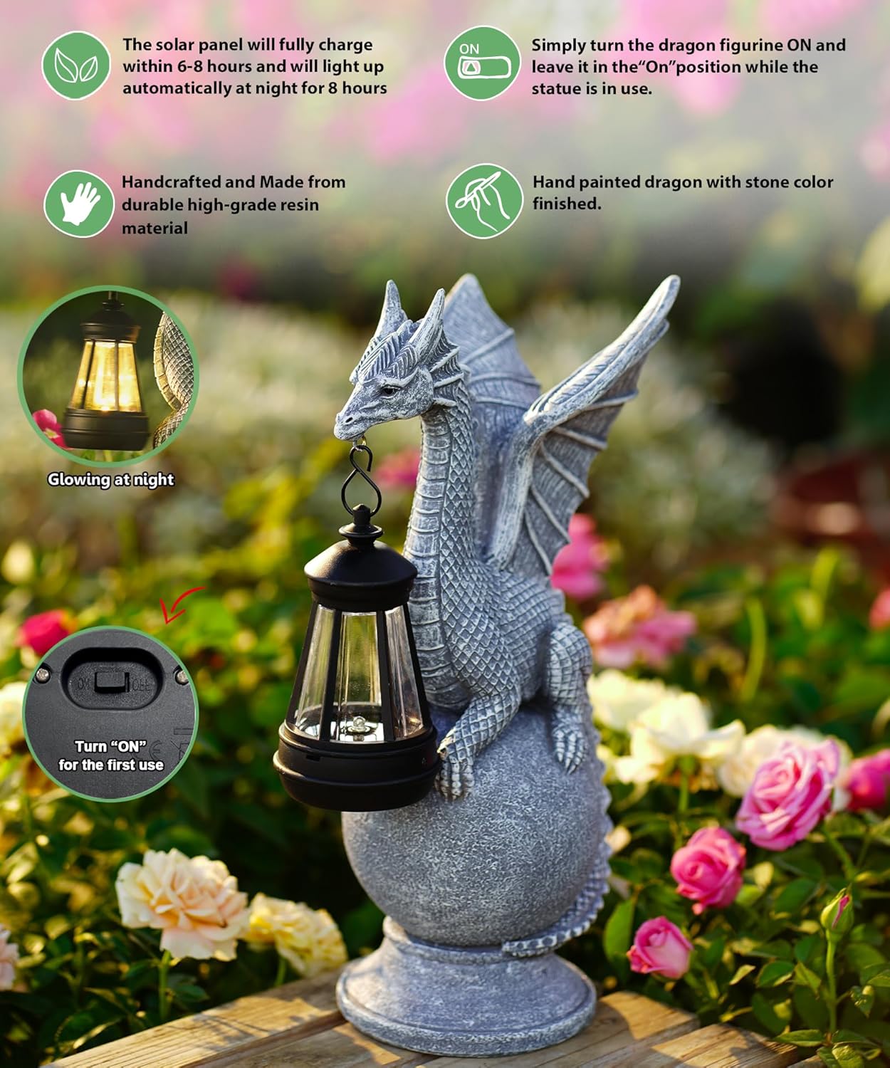 Qeeman Dragon on Ball with Solar Lantern Statues: Garden Decor Outdoor Decorations Art Figurine for Patio Balcony Yard Lawn