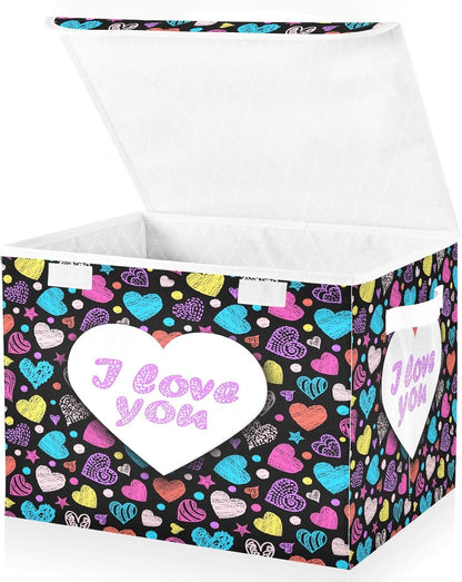 susiyo Colorful Valentines Heart Dark fabric storage baskets with lids,Collapsible Storage Boxes,Foldable storage boxes with handles for Home,Office,Closet Organization