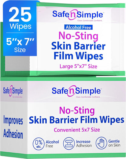 Safe n' Simple Skin Barrier Wipes - 25 Large 5” x 7” Individually Wrapped No-Sting Barrier Film - Skin Prep Protective Wipes - Medical Bandage Barrier Film for Skin