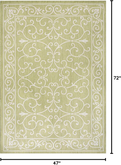 JONATHAN Y Vintage Filigree Indoor Outdoor Area Rug 4X6 Green/Cream, Charleston Textured Weave for Backyard, Patio, Porch, Easy-Cleaning, High Traffic, Pet-Friendly, Non-Shedding (SMB106H-4)