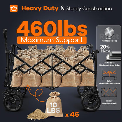 220L Collapsible Wagon Cart Foldable, 460lbs Load Capacity Heavy Duty Folding Beach Wagons with Big All-Terrain Wheels, Utility Carts for Groceries, Shopping, Camping, Sports - Blue