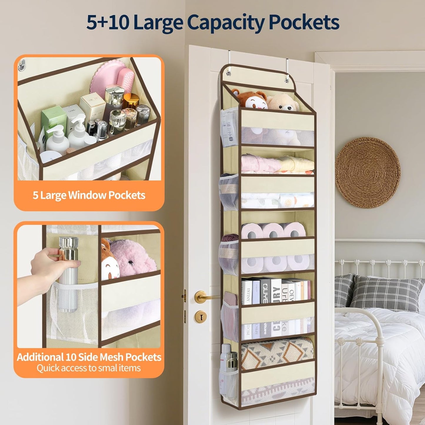 Yecaye Over The Door Organizer Storage, 5-Tier Heavy Duty Door Organizers Hanging with 10 Side Mesh Pockets, 44 lbs Load Capacity Behind Door Storage for Bathroom Nursery Bedroom Dorm Closet, Beige