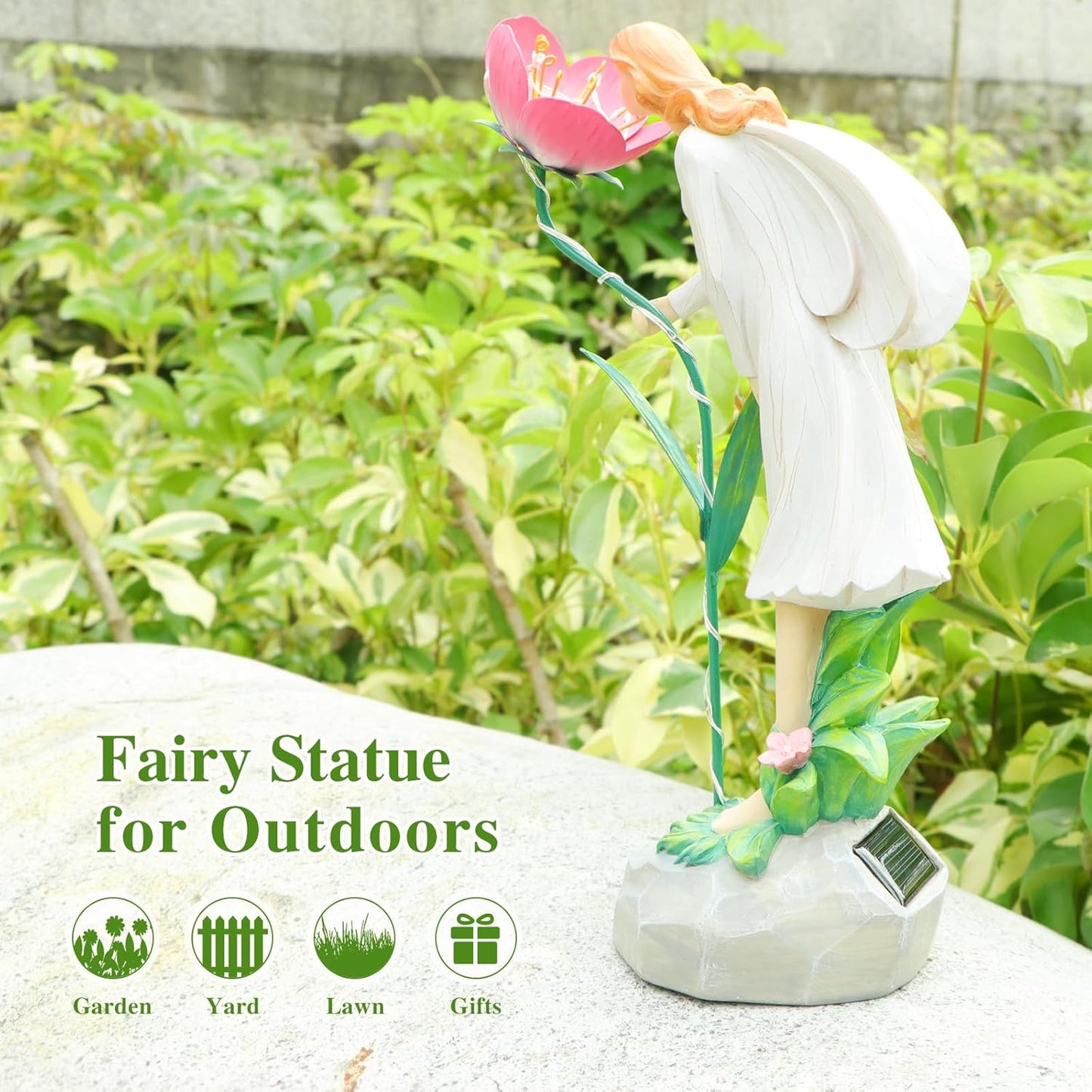 Fairy Garden Statue Outdoor Decor, Solar Powered Garden Sculptures Fairy Resin Statues Waterproof Pink Flower Solar LED Lights Yard Art Decorations for Outside Patio Lawn Decor
