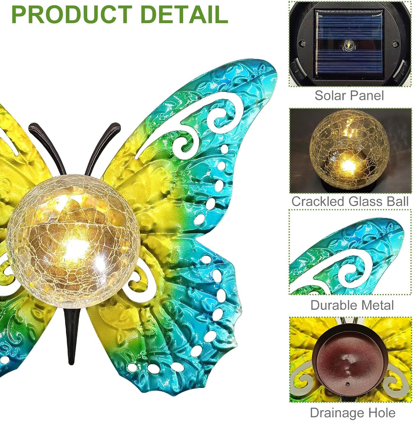 Solar Lights Outdoor Garden Butterfly Decor, Metal Butterfly Statue Decoration with LED Crackle Glass Globe, Solar Powered Lighted Garden Art Decor for Patio Lawn Yard Pathway Tabletop Ground
