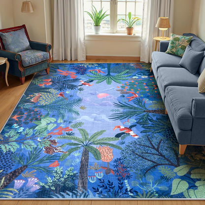 LIVEBOX Jungle Animal Print Dining Room Rugs for Under Table, Soft Modern Rug for Living Room, Washable Kids Rugs for Boy Bedroom, Non-Skid Blue Kids Carpet Playmat Rug for Play