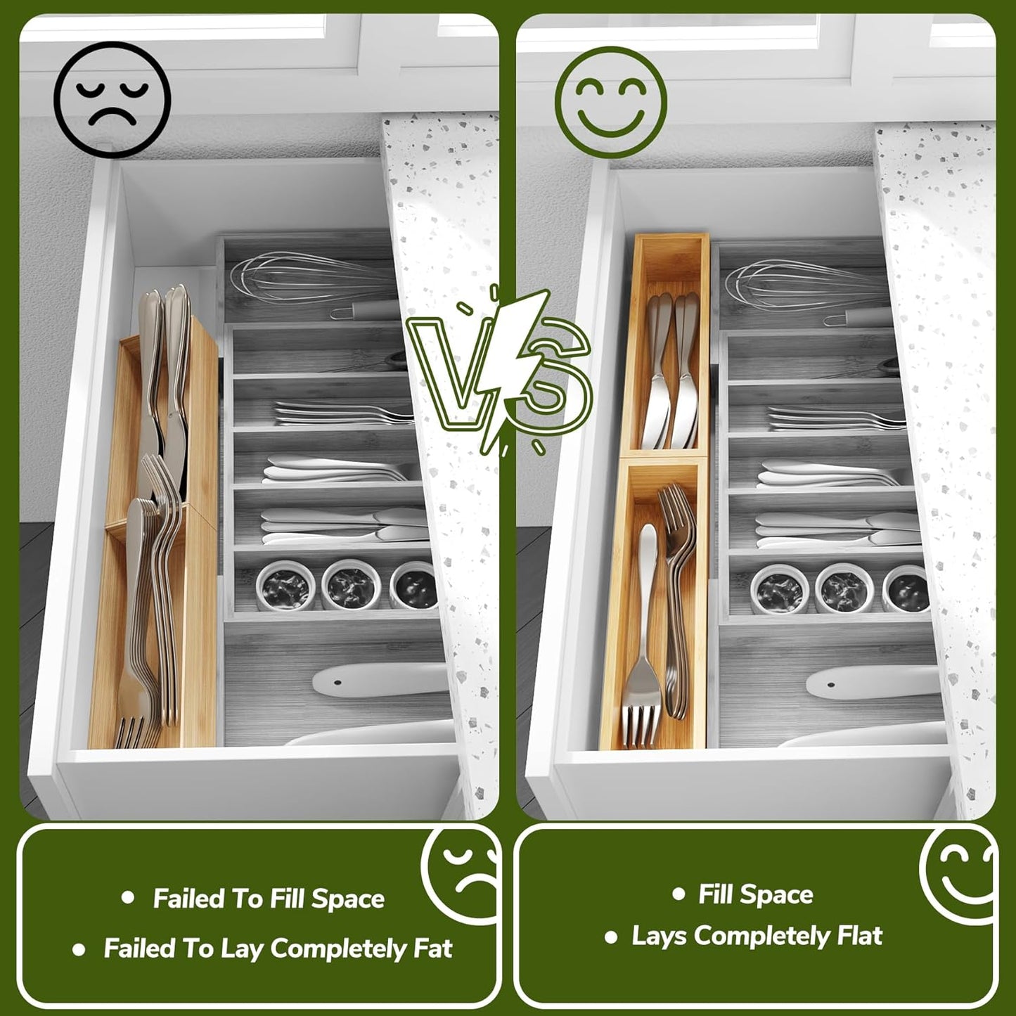 BAMEOS Kitchen Drawer Organizer,Small Silverware Drawer Organizer,Bamboo Utensil Organizer for Bathroom, Dressing Room, Office, Pantry (Natural, 11"x 3") Set of 2