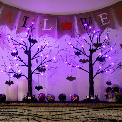 EAMBRITE Halloween Tree, Black Halloween Decorations Indoor, 2FT Spooky Tabletop Trees Battery Operated with 24LED Purple Lights 8 Bat Ornaments, Centerpieces for Tables, Home, Room(2 Pack)