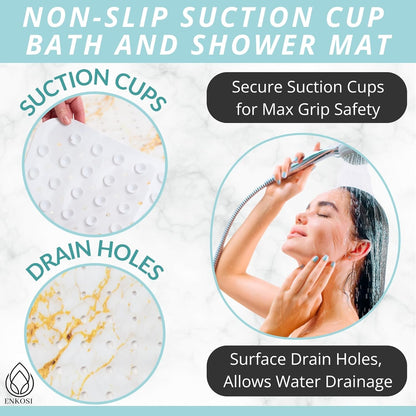 ENKOSI Bath Mat – Large 40 x 16 Inch Non-Slip Bathtub Mat with Secure Suction Cups & Drain Holes – Extra Long Bathroom Shower Mat for Tub with Marble Gold Design (40x16 Marble Gold)