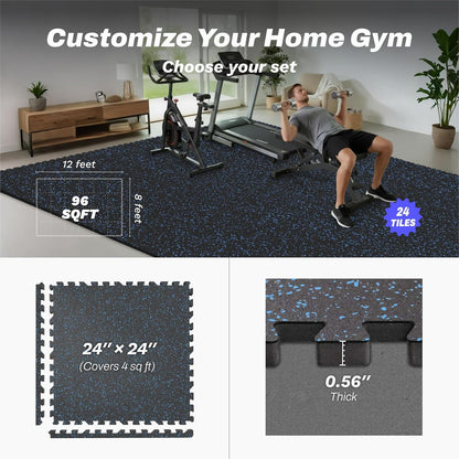 AIRHOP 0.56in Thick 96 Sq Ft Exercise Equipment Mats, 24Tiles Upgraded Rubber Top with High Density EVA Foam, Large Interlocking Puzzle Gym Flooring for Home Gym, Heavy Weight Workout, Black & Blue