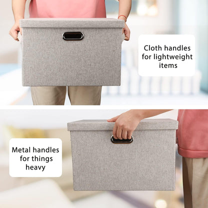 Large 17" 36 Quart Collapsible Stackable Storage Bins with Lids, 3 Packs Beige Linen Fabric Closet Boxes with Lids, Storage Cube Baskets Container Organizers for Bedroom Office(17 x12 x11)