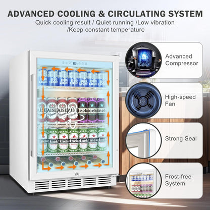 Beverage Refrigerator 24 Inch Drink Fridge, Beer Fridge, 150 Cans Beverage Cooler, Under Counter Refrigerator, Drink Cooler Undercounter Outdoor Refrigerators, Single Glass Door Bar Fridge
