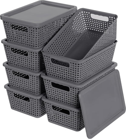 Plastic Storage Baskets With Lid, Storage Bins for Organizing, Stackable Decorative Containers for Shelves Drawers Desktop Closet Playroom Classroom Office, 8 Pack-Grey