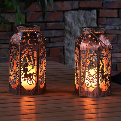 Solar Lanterns Outdoor Hanging Metal Bronze Moon Fairy Lantern, 1 Pack Waterproof Flickering Flameless Candle Mission Lights for Table,Pathway,Garden Gifts for Women, Mothers' Day Gift