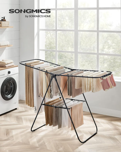 SONGMICS Clothes Drying Rack, with Sock Clips, Metal Laundry Rack, Foldable, Space-Saving, Free-Standing Airer, with 2 Height-Adjustable Gullwings, Indoor Outdoor Use, Black ULLR052B01