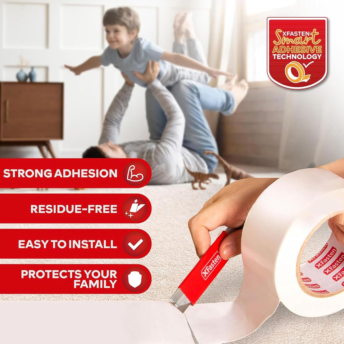 XFasten Double Sided Carpet Tape for Area Rugs, 2 Inch x 10 Yards w/Mini Cutter – Heavy Duty Anti Slip Rug Grip Tape, Works as Rug Gripper, Wood Safe, Easy Removal for Hardwood and Laminate Floors