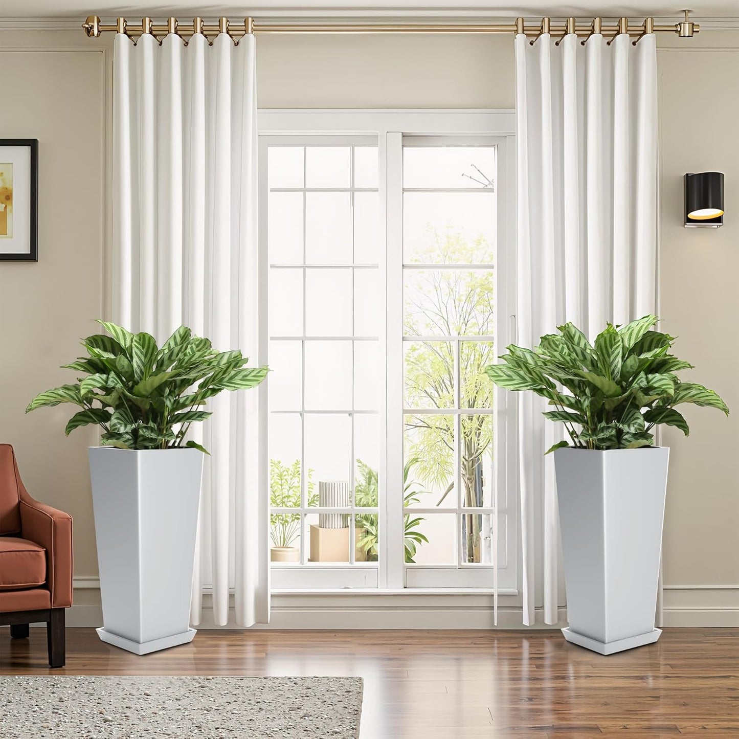 FENCY Set of 2 Tall Planters for Outdoor Plants, 24 Inch Large Tapered Pots with Drainage Trays, Weather-Resistant Plastic Plant Containers for Patio, Porch, Garden, Front Door Decor,White