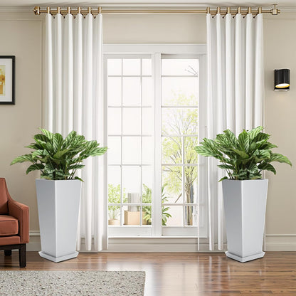 FENCY Set of 2 Tall Planters for Outdoor Plants, 24 Inch Large Tapered Pots with Drainage Trays, Weather-Resistant Plastic Plant Containers for Patio, Porch, Garden, Front Door Decor,White