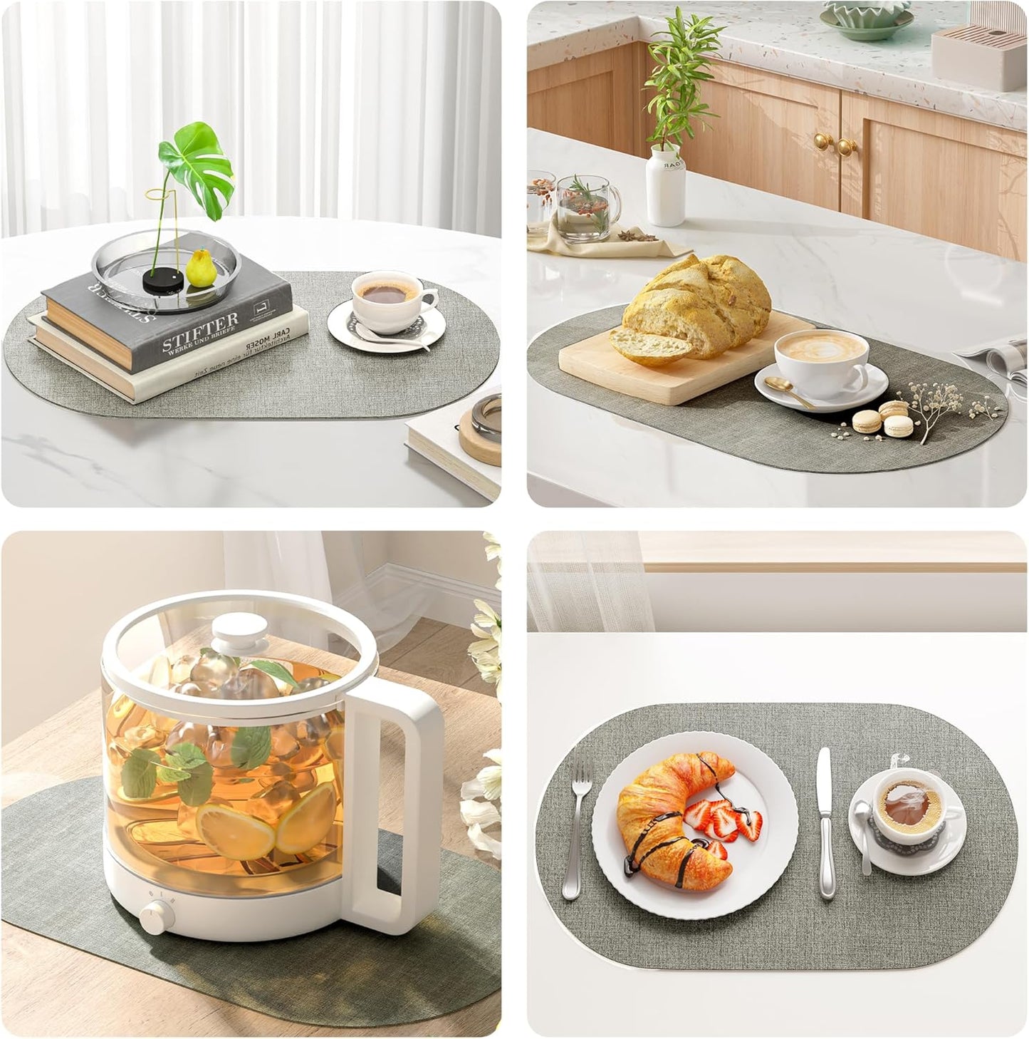 DOLOPL Oval Placemats Set of 6, Gray Faux Leather Heat Resistant Table Mats - Anti Slip Table Place Mats, Washable Wipeable Outdoor Placemats for Kitchen Dining Room Table Decorations(13.8"x21.6")