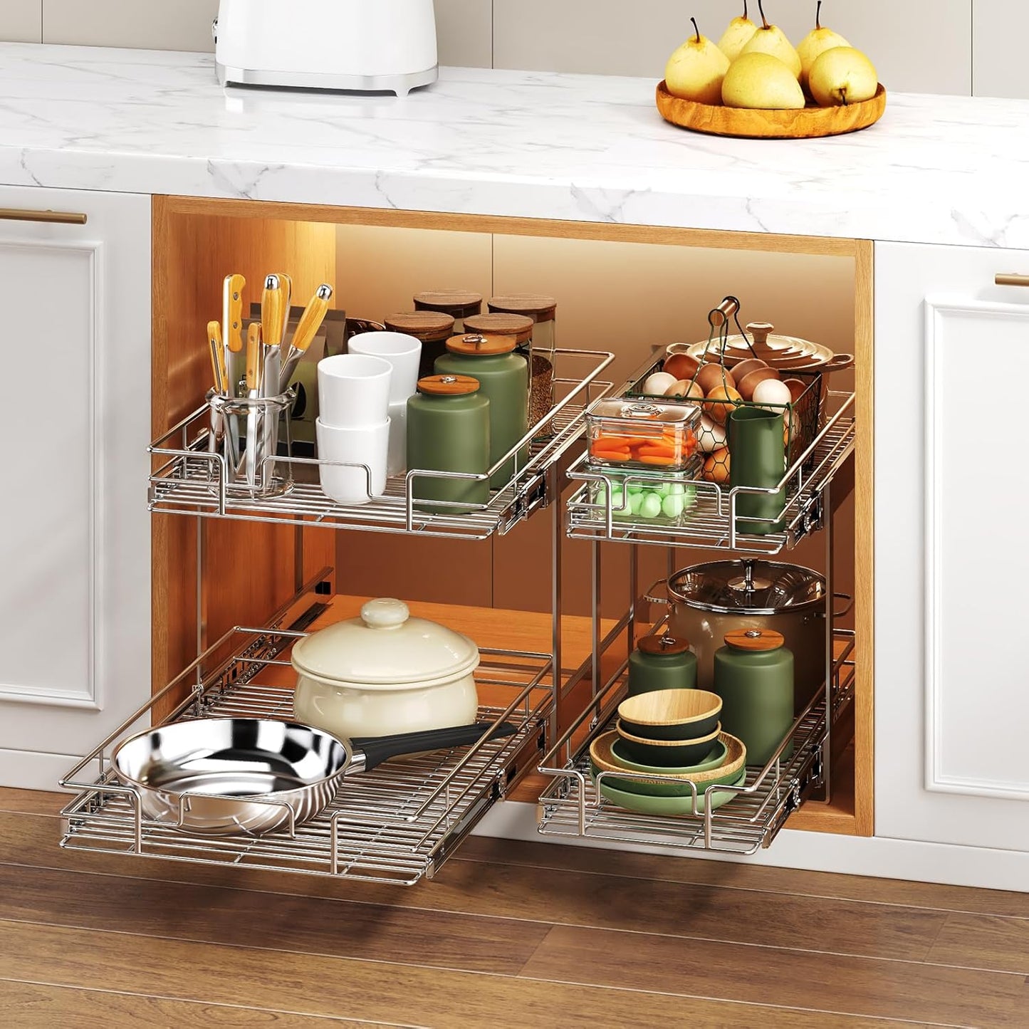 2 Tier Individual Pull Out Cabinet Organizer 19½" W x 21½" D, Heavy Duty Cabinet Pull Out Shelves, Slide Out Drawers Organization for Kitchen Cabinets Bathroom