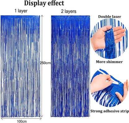 Foil Fringe Curtain Party Decorations - Black Blue Metallic Tinsel Photo Booth Backdrop Party Steamers Curtains for Birthdays Christmas New Years Homecoming Decoration