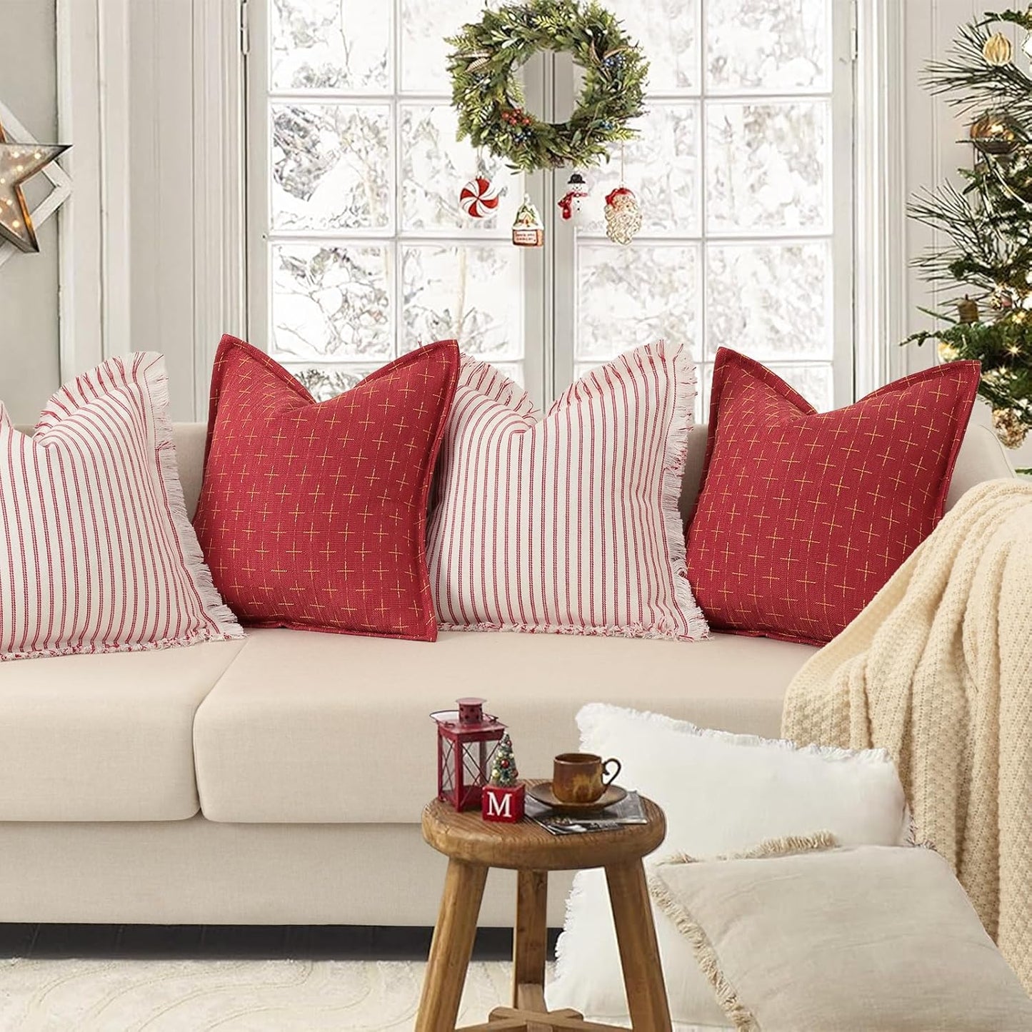 ZWJD Christmas Pillow Covers 20x20 Set of 2 Soft Polyester Textured Pillowcases with Stylish Flange Edge Cozy Farmhouse Christmas Pillows for Couch Bed Sofa Living Room (Red)