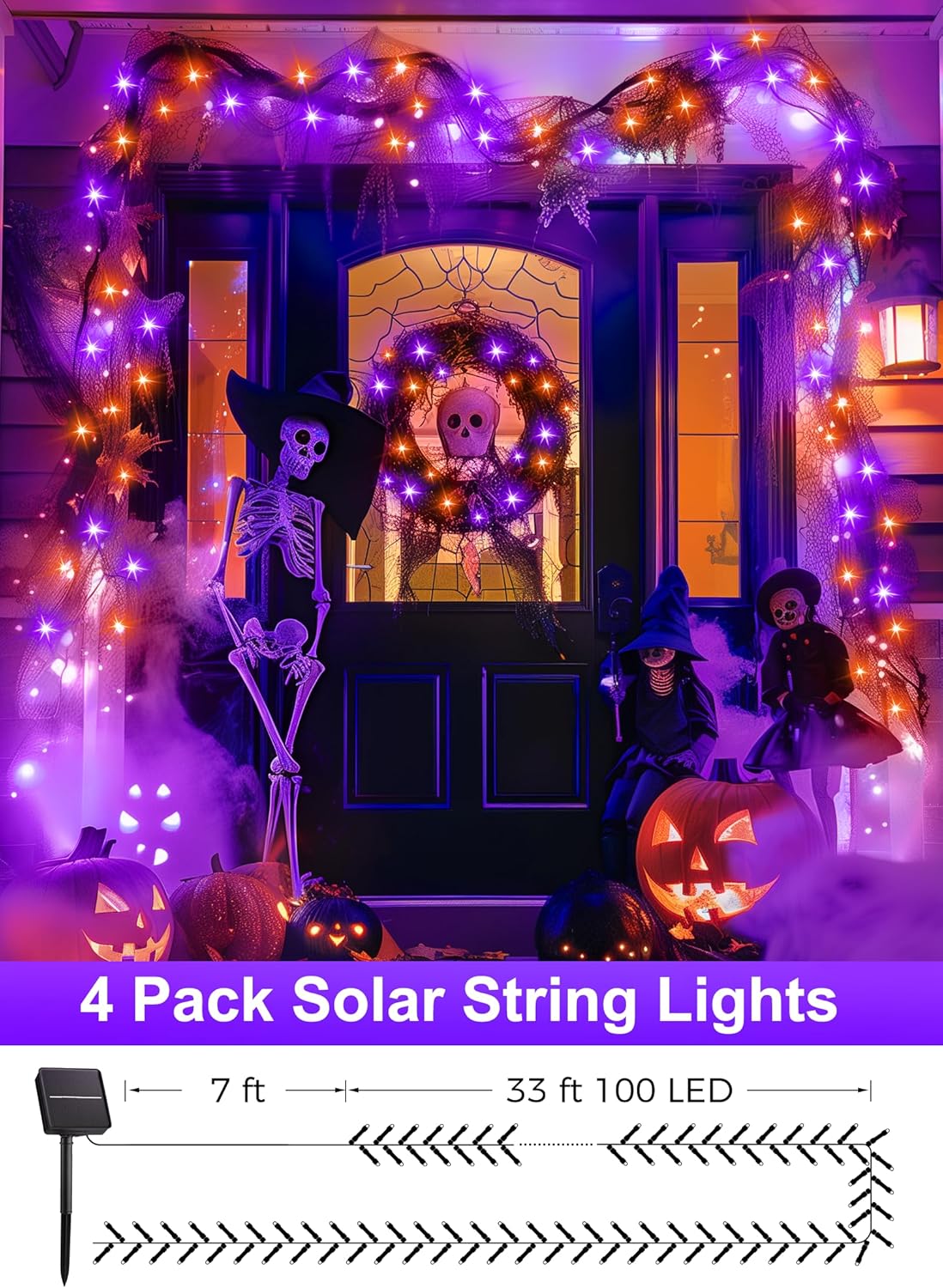 Minetom Halloween Solar Lights Outdoor - 4 Pack Total 160FT 400 LED Halloween String Lights with 8 Lighting Modes, IP65 Waterproof Solar String Lights for Outside Tree Party