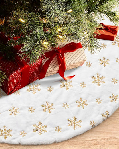 COOLWUFAN 48 Inches Christmas Tree Skirt for Xmas Tree Holiday Party Decoration White Plush Gold Sequin Snowflake (Gold)