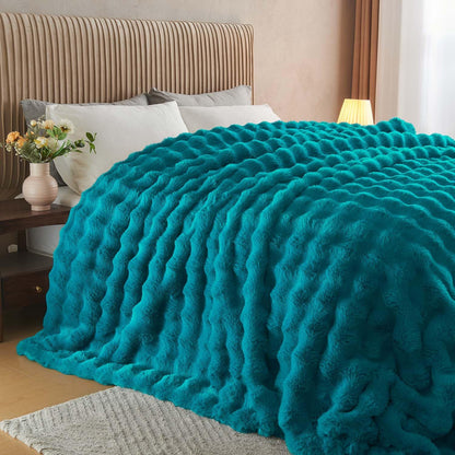Lotus Karen Faux Fur Throw Blanket Teal - Big Bubble Rabbit Fluff Blanket for Couch Bed Sofa,Softest Fluffy Fuzzy Cozy Blanket,Thick Furry Plush Shaggy Warm Blankets for Women,90x90 Inches