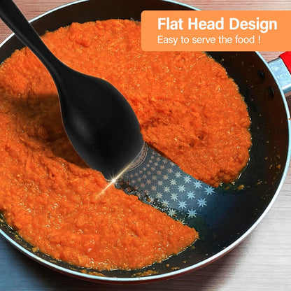 Large Silicone Cooking Spoon Set, 2 Pack Solid Slotted Spoon with Wooden Handle, Nonstick Silicone Kitchen Spoons for Cooking, Heat Resistan Spatula Set for Serving, Basting, Mixing (Black)