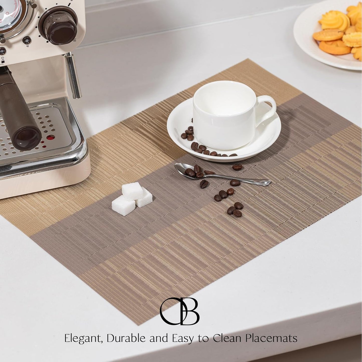 Placemats Set of 8 - Easy Clean Woven Vinyl Placemats for Dining Table, Indoor/Outdoor Place Mats, Washable PVC Table Mats （Gold Dune）