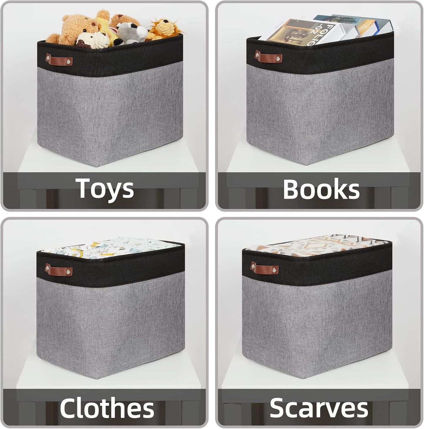 HNZIGE Fabric Storage Baskets Large Cloth Baskets Set of 2, Rectangular Shelf Baskets with Handles for storage, Foldable Tall Baskets for Organizing Linen Closet Organizers(Gray Black)