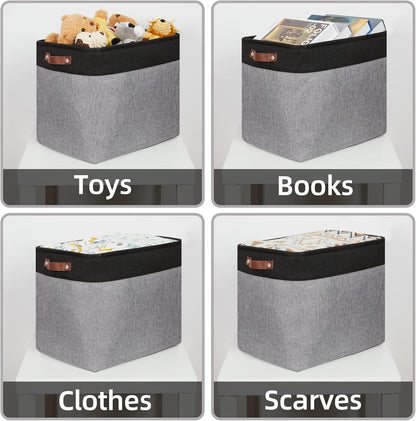 HNZIGE Fabric Storage Baskets Large Cloth Baskets Set of 2, Rectangular Shelf Baskets with Handles for storage, Foldable Tall Baskets for Organizing Linen Closet Organizers(Gray Black)