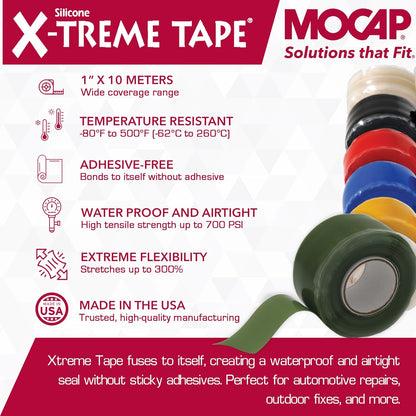 X-Treme Tape MOCAP Heavy Duty Electrical Tape, Self-Fusing Silicone Rubber, Waterproof & Insulating Flexible Tape, Electrical for Hose, Automotive, Outdoor & Repairs - 1" x 10ft Roll - Green