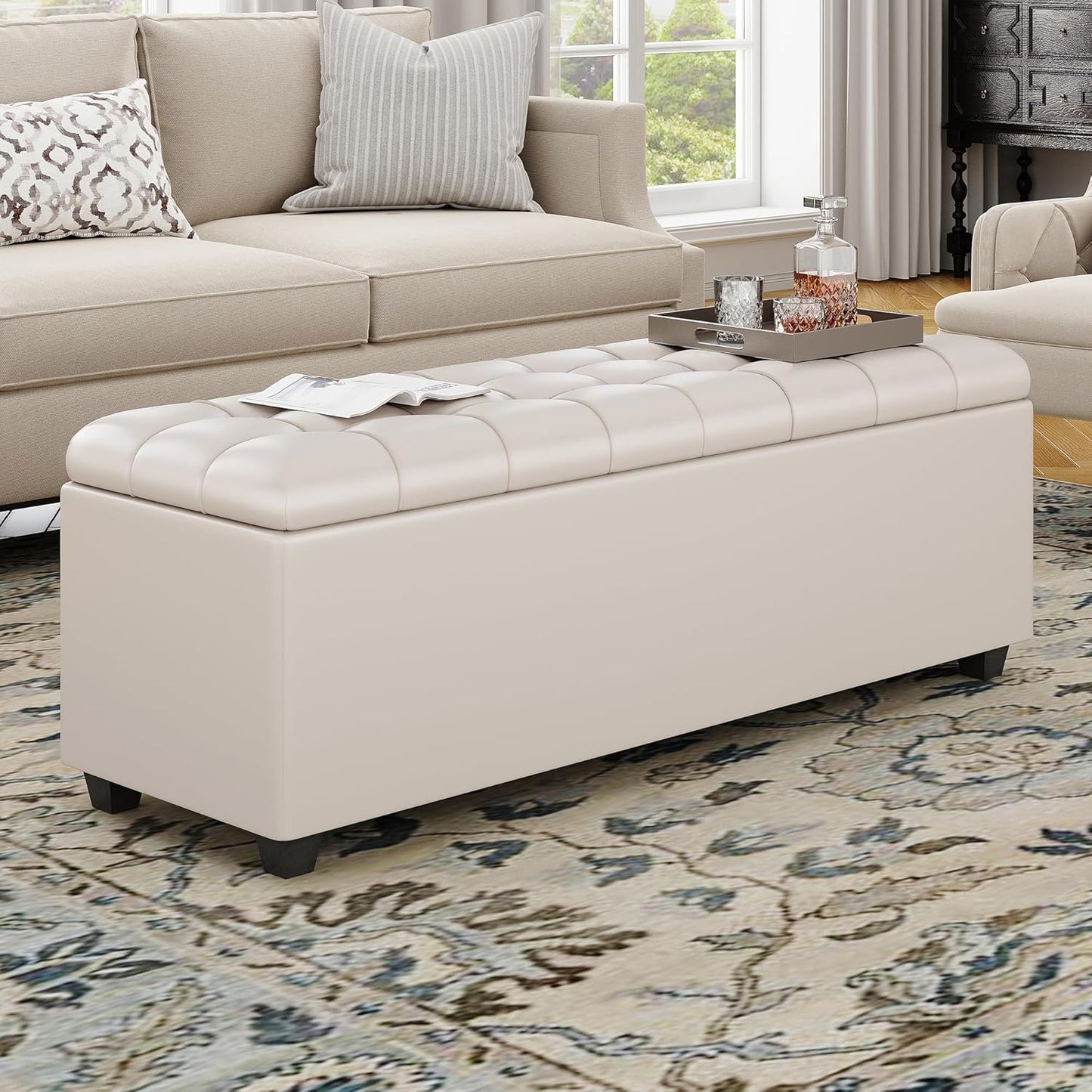 Small 38 Inches Long White Ottoman Bench with Storage,Footstool Furniture End of Bed Benches,Faux Leather Ottomans and Seat for Foot Rest in Bedroom, Living Room, Entryway