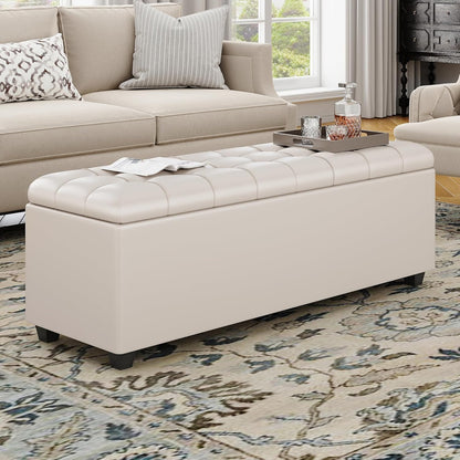 Small 38 Inches Long White Ottoman Bench with Storage,Footstool Furniture End of Bed Benches,Faux Leather Ottomans and Seat for Foot Rest in Bedroom, Living Room, Entryway