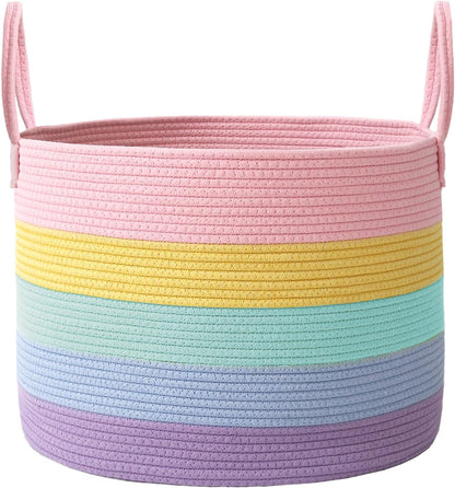 Woven Blanket Basket,65L Large Rope Storage Bin with Handles, Organizer for Blankets Toys Book and Clothes, Laundry Basket for Living Room Bedroom Nursery,Rainbow