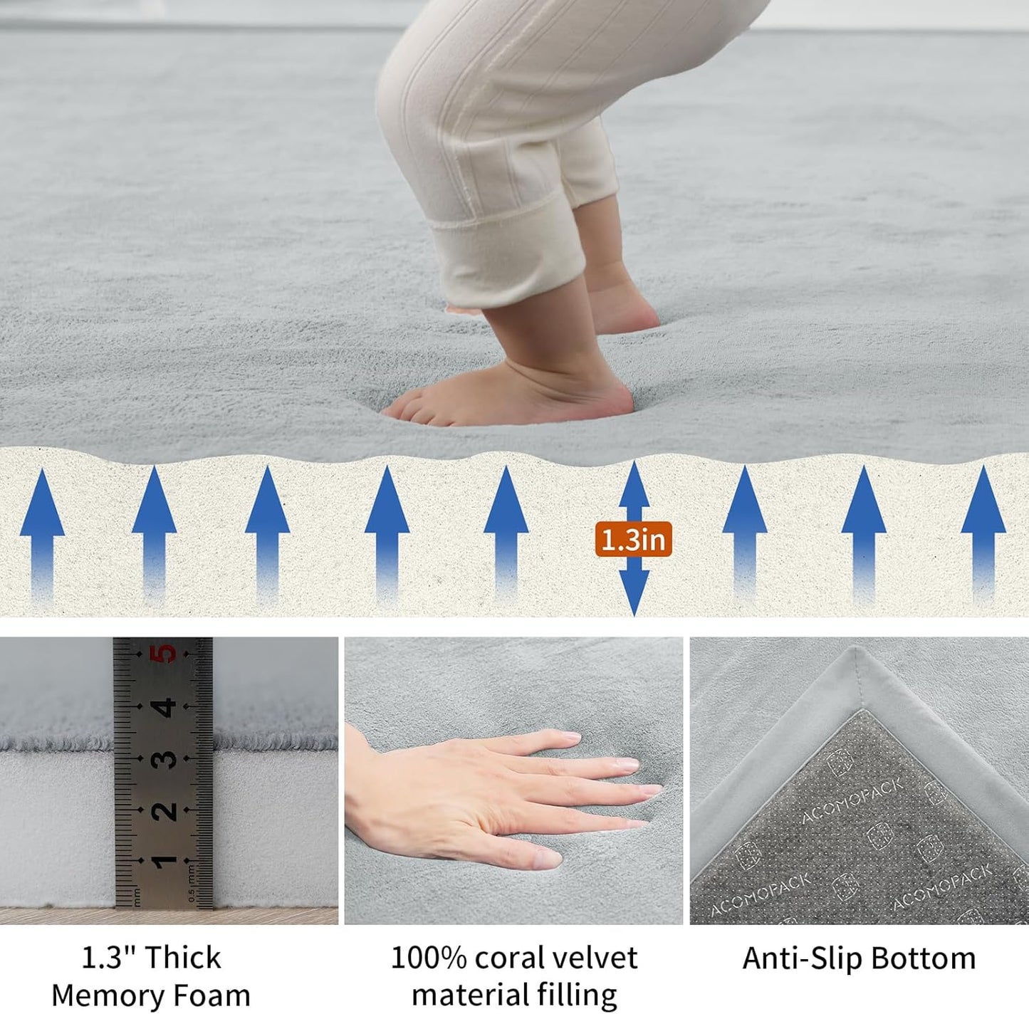 ACOMOPACK Baby Play Mat for Floor,1.3" Thick Memory Foam Area Rug for Living Room,Soft Velvet Crawling with Non-Slip Bottom for Kid,Toddler,39"×59" Tummy Time Nursery Rugs,Yoga（Light Grey）