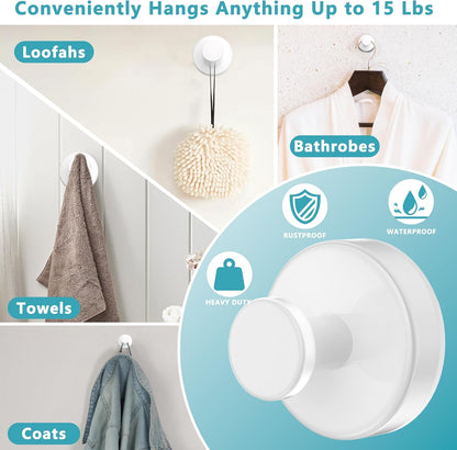 Suction Cup Hooks for Shower,Removable No Drill Towel Hooks,Upgraded 15 lbs Strong Suction hooks for Bathroom Tile,Shower Wall,Glass Door,Kitchen-Loofah,Coat,Stainless Waterproof-White 2 Pcs