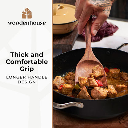 8 Pcs Teak Wooden Utensil Set with Holder, Spoon Rest & 6 Hooks - Durable Wooden Spoons for Cooking with Comfort Grip - Effortless Clean, Non-Stick Friendly