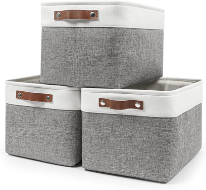 Storage Bins Large Fabric Storage Baskets for Shelves 3 Pack, Decorative Linen Closet Baskets with Handles for Organizing, Shelf, Clothes, Home, Office, 15x11x9.5Inches (Grey&White)