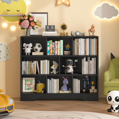 Book Shelf Set of 2, 8 Cubes Storage Organizer, 3-Tier Open Shelf Wooden Bookcase, Freestanding Balck Bookshelf Cube Shelf for Bedroom, Living Room, Home Office