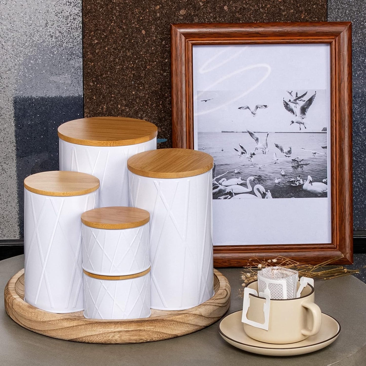 White Canister Sets for Kitchen Counter, Kitchen Canisters Set of 6, Flour and Sugar Containers, Coffee and Tea Storage, Modern Farmhouse Kitchen Decor